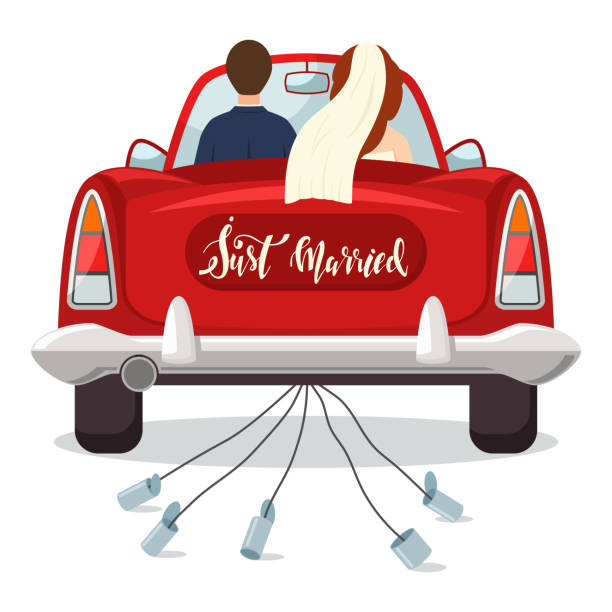 Just married red car with the bride and groom. Wedding vector illustration with a newlywed couple isolated on a white background. Just married vector ilustration. wedding clipart stock illustrations