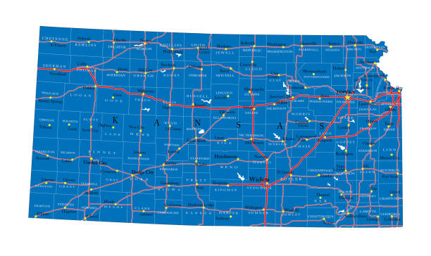 Kansas state political map Detailed map of Kansas state,in vector format,with county borders,roads and major cities. olathe kansas stock illustrations