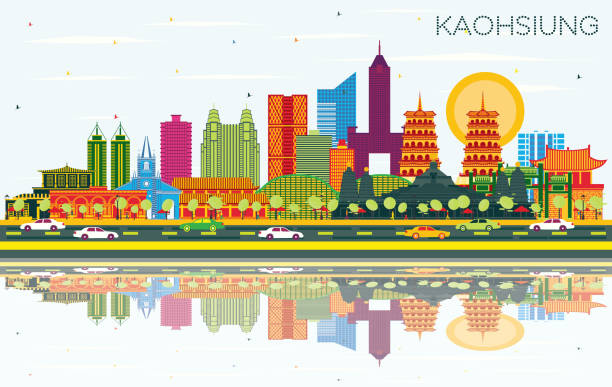 高雄臺灣城市天際線與彩色建築，藍天和反射。 - taiwan 幅插畫檔、美工圖案、卡通及圖標