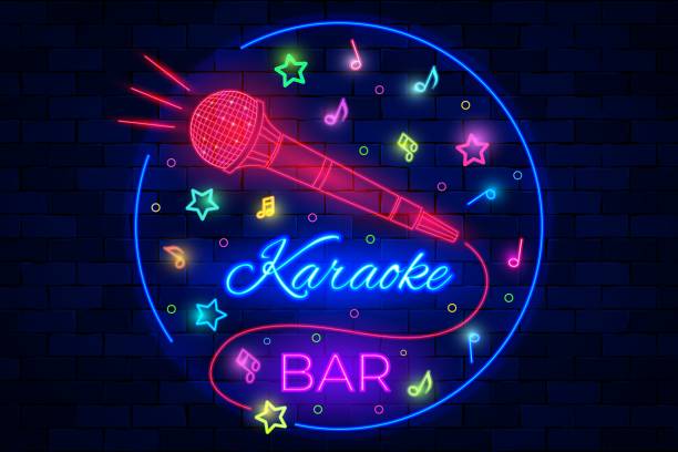 Karaoke bar neon illuminated logo with microphone vector art illustration