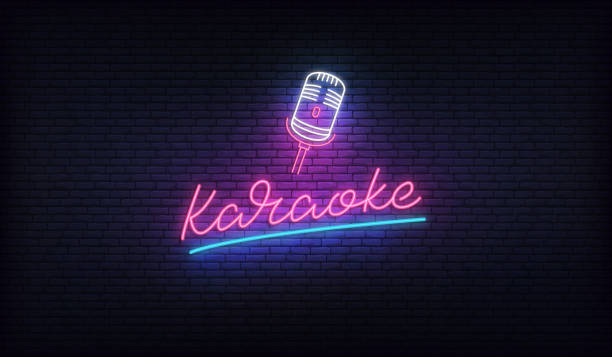stockillustraties, clipart, cartoons en iconen met karaoke neonteken. neonlabel met microfoon en karaoke letters - karaoke