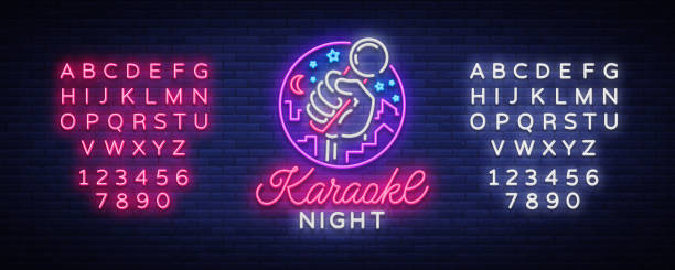 stockillustraties, clipart, cartoons en iconen met karaoke nacht vector. lichtreclame, lichtgevende symbool, symbool, licht banner. reclame heldere nacht karaoke-bar, party, discobar, nacht club live muziek. ontwerpsjabloon. bewerken tekst lichtreclame - karaoke