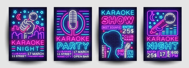 stockillustraties, clipart, cartoons en iconen met karaoke partij poster collectie neon vector. karaoke avond ontwerpen sjabloon, felle neon brochure, moderne trend design, licht banner, typografie uitnodiging aan de partij, reclame briefkaart. vector - karaoke