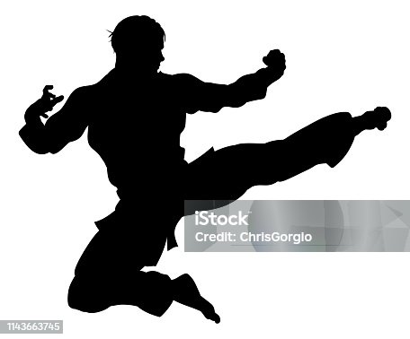istock Karate or Kung Fu Flying Kick Silhouette 1143663745