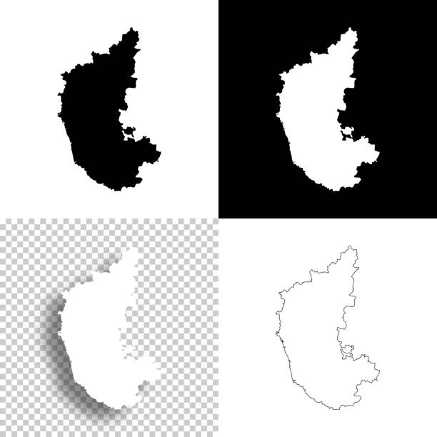 Karnataka maps for design. Blank, white and black backgrounds - Line icon Map of Karnataka for your own design. Four maps with editable stroke included in the bundle: - One black map on a white background. - One blank map on a black background. - One white map with shadow on a blank background (for easy change background or texture). - One line map with only a thin black outline (in a line art style). The layers are named to facilitate your customization. Vector Illustration (EPS10, well layered and grouped). Easy to edit, manipulate, resize or colorize. Vector and Jpeg file of different sizes. karnataka stock illustrations