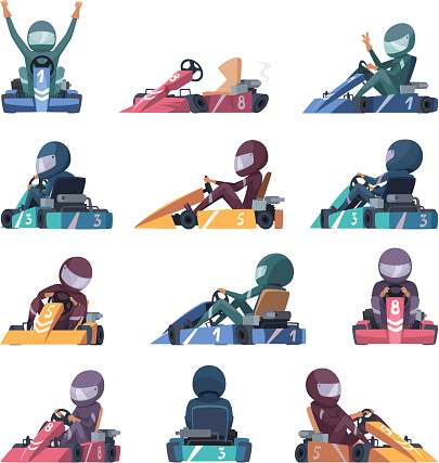 Karting cars. Fast racers speed karting machines on road vector cartoon illustrations
