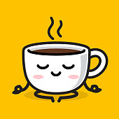 Kawaii coffee cup character in meditate pose,cute cartoon vector illustration
