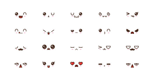 illustrazioni stock, clip art, cartoni animati e icone di tendenza di kawaii facce carine sorriso emoticon. emoji giapponese - kawaii