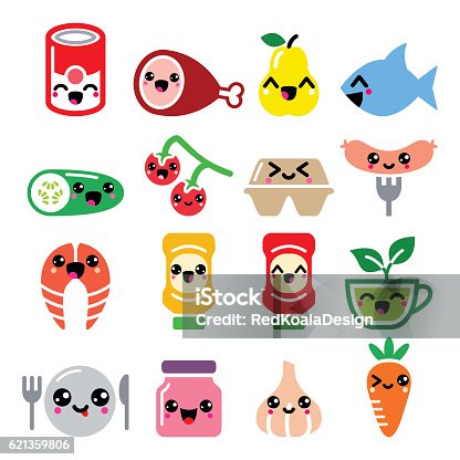 istock Kawaii cute food characters - meat, vegetables, fruit icons set 621359806