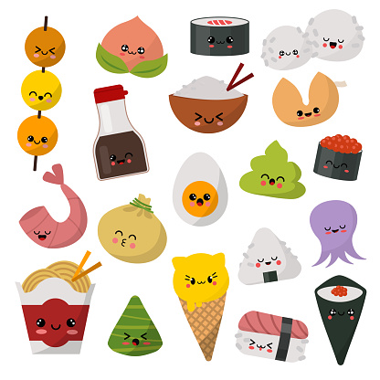 Kawaii Food Vector Emoticon Japanese Sushi Character And Emoji Sashimi ...