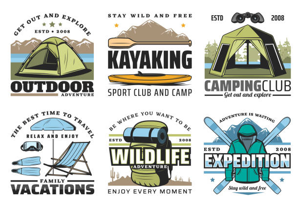 Hiking, camping and kayaking, outdoor adventure and expeditions sport...