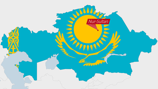 Kazakhstan map highlighted in Kazakhstan flag colors and pin of country capital Nur-Sultan.