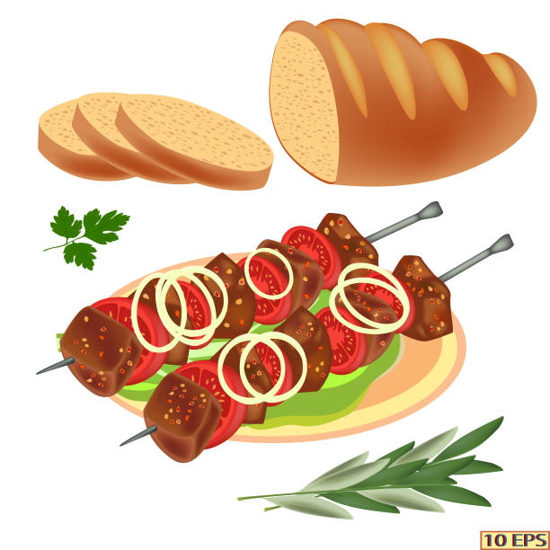 꼬치와 로프의 조각에 케밥입니다. 볶은 고기와 빵. 구운된 고기입니다. 케밥, 빵, 녹색 야채, 토마토 튀김. 벡터 그림을 흰색 배경에 고립입니다. - meat loaf stock illustrations