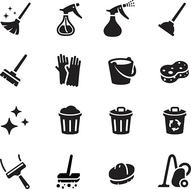 Keep Clean Vector Icon Set clean, icon, broom, mop, bucket, vector, cleaner, logo, duster, spray, brush, toilet, dust, wiper, bin, restroom, washer, wink, housework, symbol, recycle, trash, equipment, bottle, set, washing, house, gloves, work, silhouette, foggy, blink, vacuum, service, waste, garbage, scrubbing, sponge cleaning stock illustrations