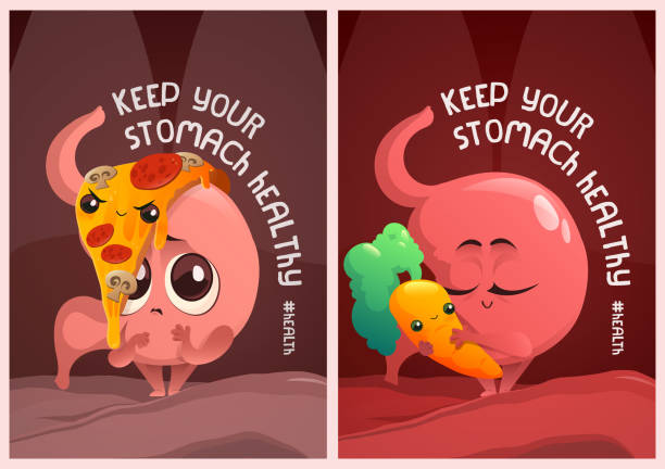 Keep your stomach healthy cartoon posters, diet Keep your stomach healthy cartoon posters with cute funny tummy character hug carrot and suffer of fast food overeat. useful and unhealthy nutrition, dieting, digestion system, Vector illustration pain backgrounds stock illustrations