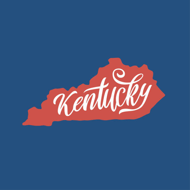 Kentucky. Hand drawn USA state name inside state silhouette. Vector illustration. Kentucky. Hand drawn USA state name inside state silhouette on blue background. Modern calligraphy for t shirt prints, posters, stickers, cards, souvenirs. Vector vintage illustration. kentucky stock illustrations