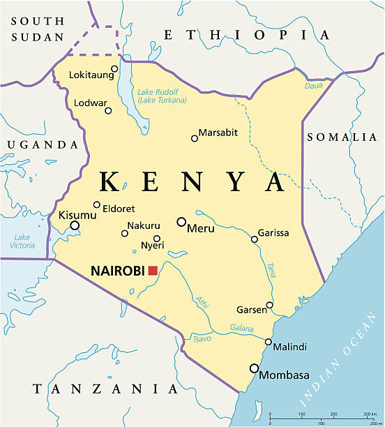 Kenya Political Map Political map of Kenya with capital Nairobi, national borders, most important cities, rivers and lakes. Vector illustration with English labeling and scaling. kenya stock illustrations