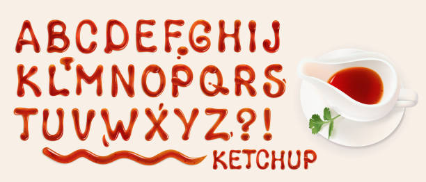 ketchup font set of vector letters of tomato sauce sauce stock illustrations