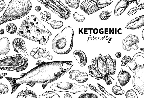 Keto diet vector drawing. Ketogenic hand drawn template. Vintage engraved sketch