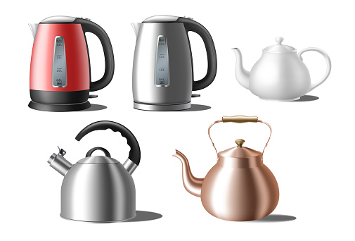 Kettles set. Modern and classic teapots: electric teakettles and tea pots for gas stove