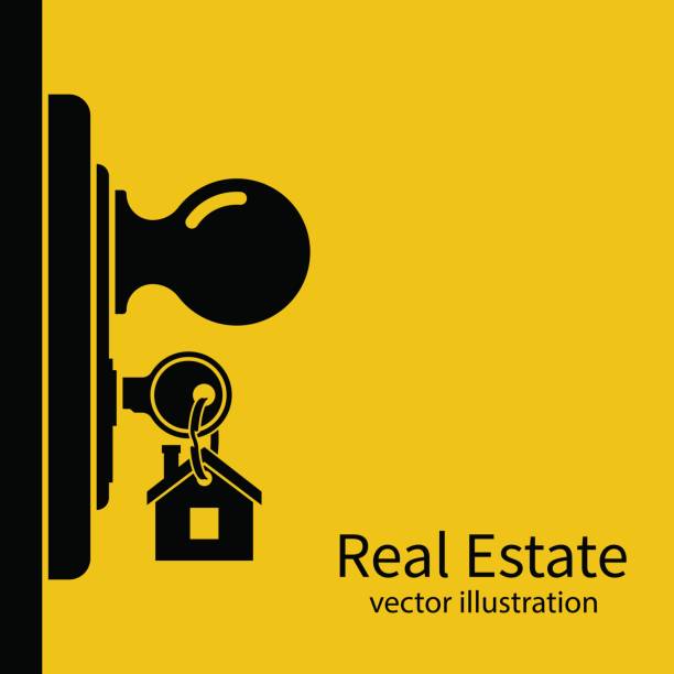 Key in keyhole on door silhouette. Key in keyhole on door silhouette. Real Estate pictogram concept, template for sales, rental, advertising. Sign on the home key. Vector illustration flat design. open door stock illustrations