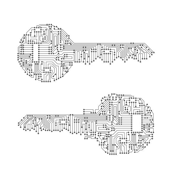 Key Made From Circuit Line, on White Background vector art illustration