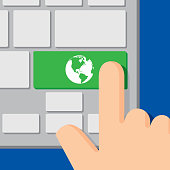 Vector illustration of a computer keyboard with an Earth icon on a green button and a hand about to press it, in flat style.