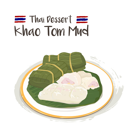 Khao Tom Mud - Steamed Sticky Rice with Banana on white plate.