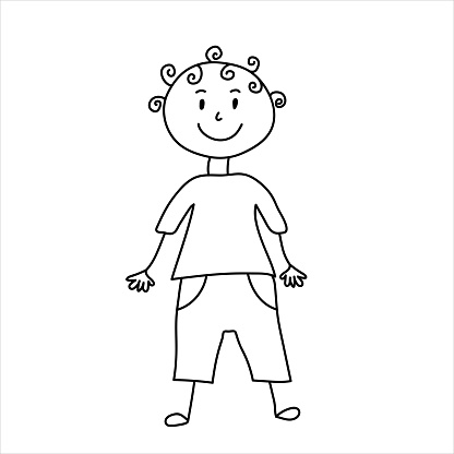 Kid boy hand drawn illustration. Doodle child isolated. Smiling boy
