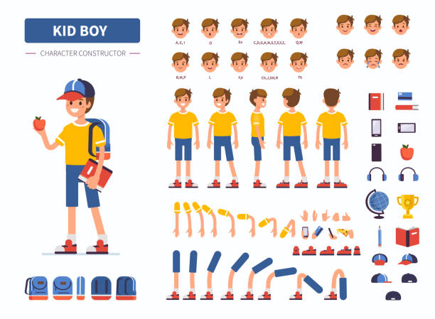 kid boy Kid boy character constructor for animation. Front, side and back view. Flat  cartoon style vector illustration isolated on white background. boys stock illustrations