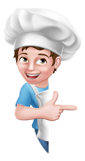 Kid Cartoon Boy Chef Cook Baker Child Sign A kid cartoon boy chef, cook or baker child peeking around a sign and pointing at it chef apron stock illustrations