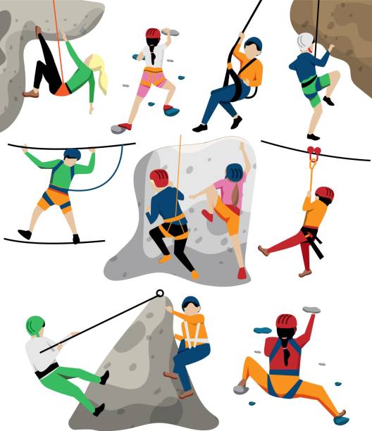Kid climbing on rock wall and in adventure rope-park vector art illustration