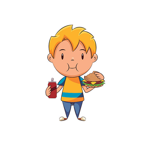 ilustrações de stock, clip art, desenhos animados e ícones de criança comer hambúrguer e de refrigerante - blonde man trying food