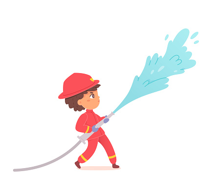 Kid firefighter with hose, boy fireman in red helmet holding firehose with flowing water