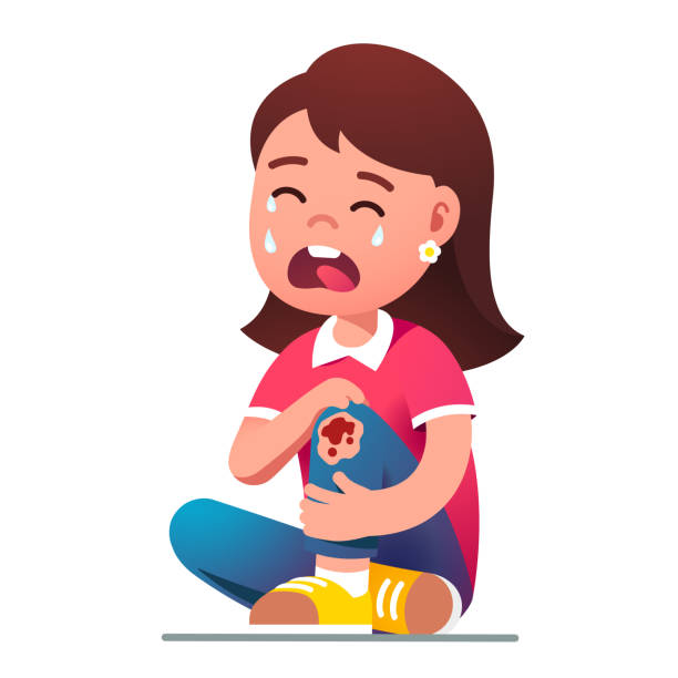 Kid girl sitting crying in pain over hurt knee Kid girl crying in pain over hurt knee while sitting. Weeping child holding her injured scratched bleeding leg skin. Painful accident wound. Flat vector wounded cartoon character isolated illustration pain clipart stock illustrations