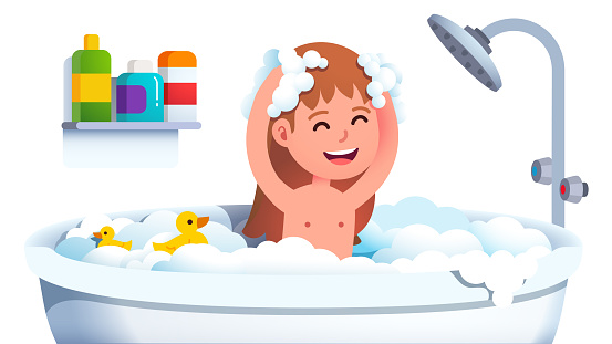 Kid having bath washing head, body all covered in suds. Girl washes herself in big bathtub with lot of shampoo foam and toy duck. Adorable little smiling child in bathroom. Flat vector illustration