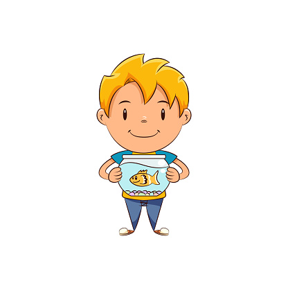 Kid holding fish bowl, happy cute child
