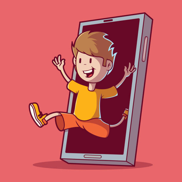 ilustrações de stock, clip art, desenhos animados e ícones de kid jumping of a phone vector illustration. - people portugal