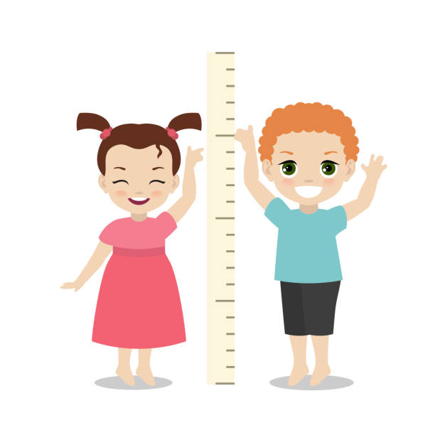 Kid measures the growth. Kids measures the growth. Girl and boy are measuring height. tall boy stock illustrations