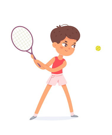 Kid player playing tennis with racket and ball on court, fun outdoor recreation of boy