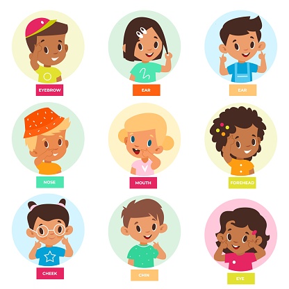 Kid pointing face part. Cute children denote facial features, show forehead, cheek, eyes and nose, educational games for babies. Sense organs vector cartoon isolated set