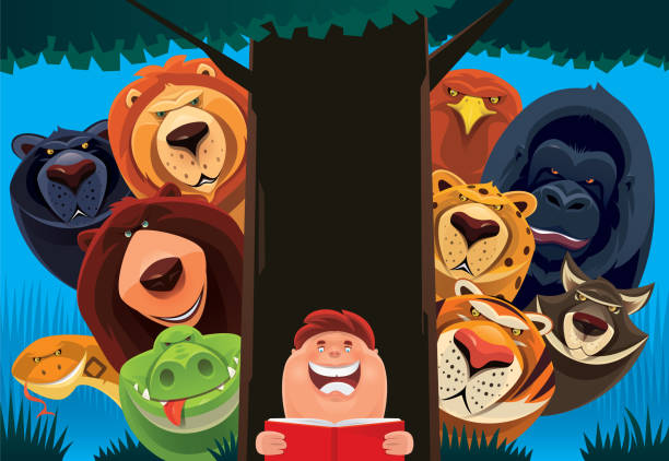 kid reading book with wild animals vector illustration of kid reading book with group of wild dangerous animals laughing monkey stock illustrations