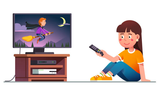 kind fernsehen tv mit fernbedienung in der hand - ein mädchen allein stock-grafiken, -clipart, -cartoons und -symbole