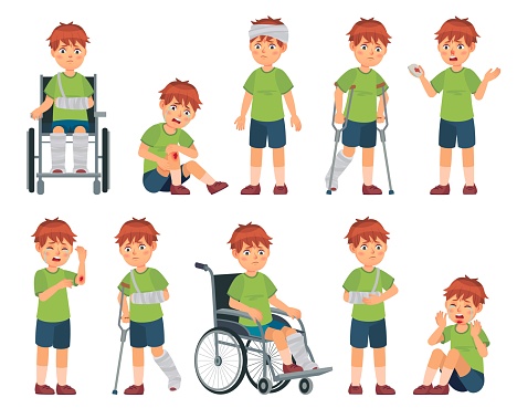 Kid with injury. Boy bruised hand, broke leg and arm. Injuries head, sport injuries and wheelchair vector cartoon illustration set
