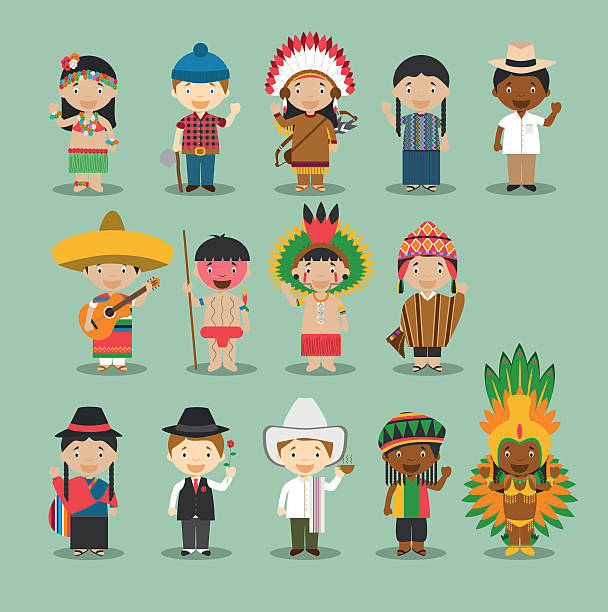 Kids and nationalities of the world vector Set 4: America. Kids and nationalities of the world vector Set 4: America. Set of 14 characters dressed in different national costumes (USA, Canada, Guatemala, Cuba, Argentina, Brazil, Jamaica, Peru, Ecuador, Colombia, Venezuela, Mexico, Amazon and Hawaii) mexican teenage girls stock illustrations