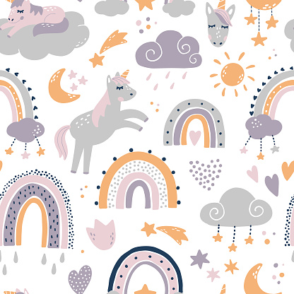 kids and nursery repeated pattern with unicorns and rainbows