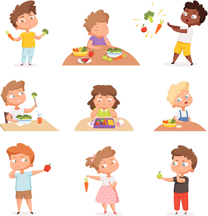 Kids and vegetables. Little hungry children eating fast food dont like fruits and healthy products vector cartoon characters