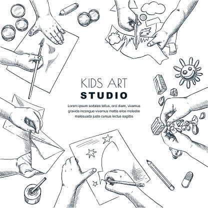 Kids art class work process. Vector sketch illustration of painting, drawing children. Craft and creativity concept.