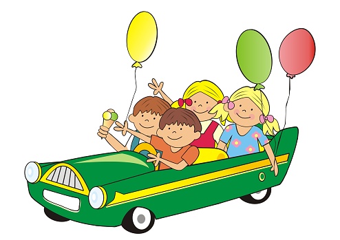 Kids at car, funny vector illustration