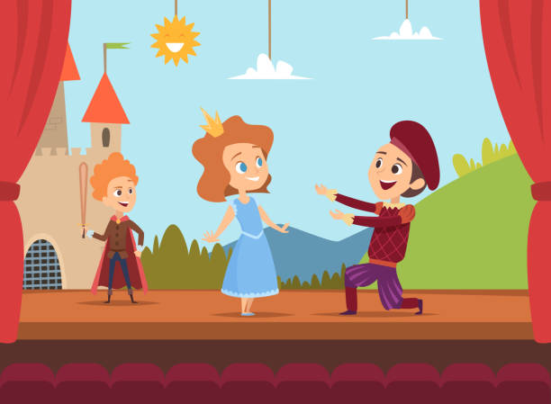 Kids at school stage. Children actors making big performance at scene dramatic scenery vector illustrations Kids at school stage. Children actors making big performance at scene dramatic scenery vector illustration. Children characters in drama, boy and girl on stage actress stock illustrations